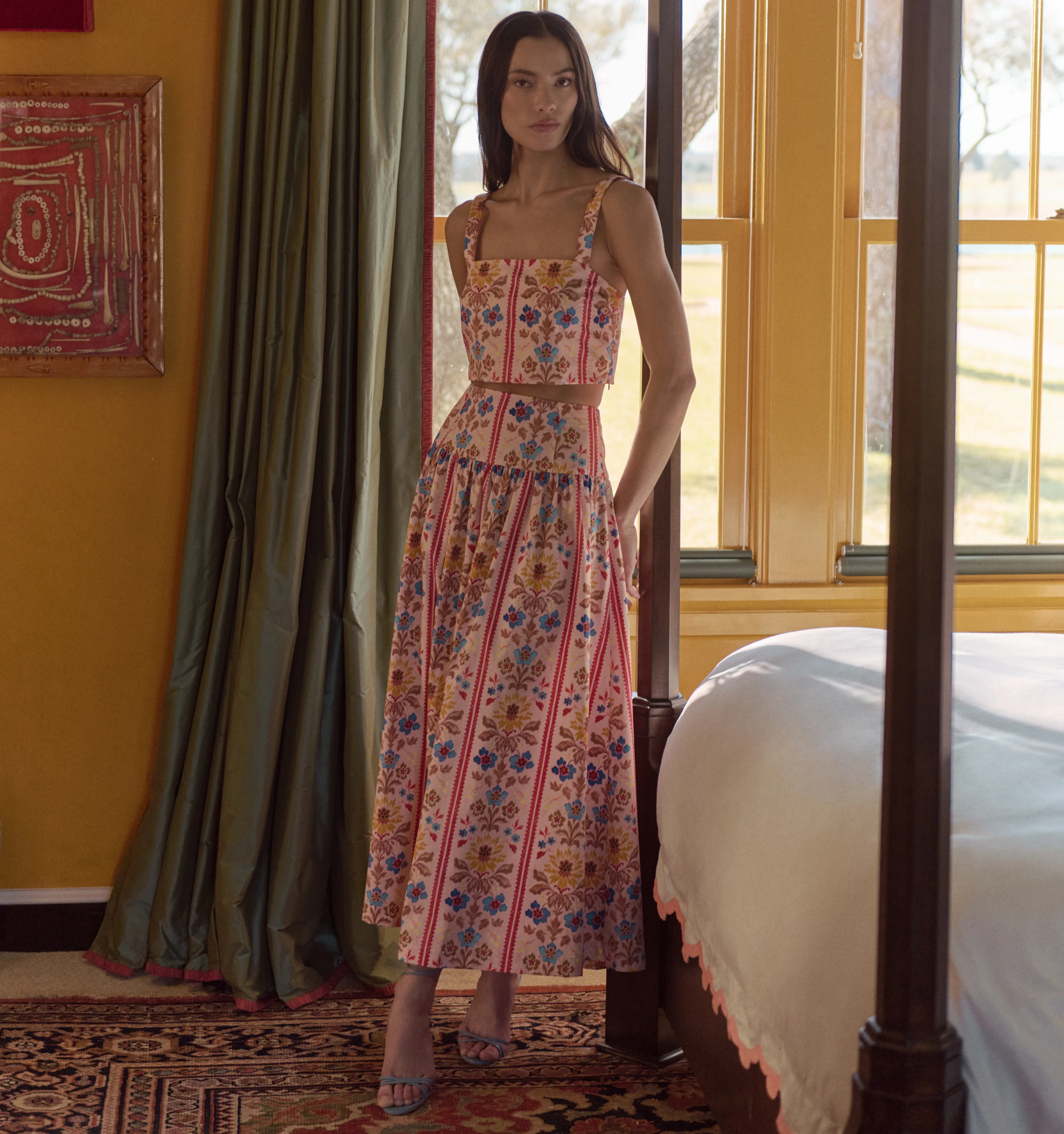 The Clara Crop Top - Pink Floral Block Stripe - Image 5