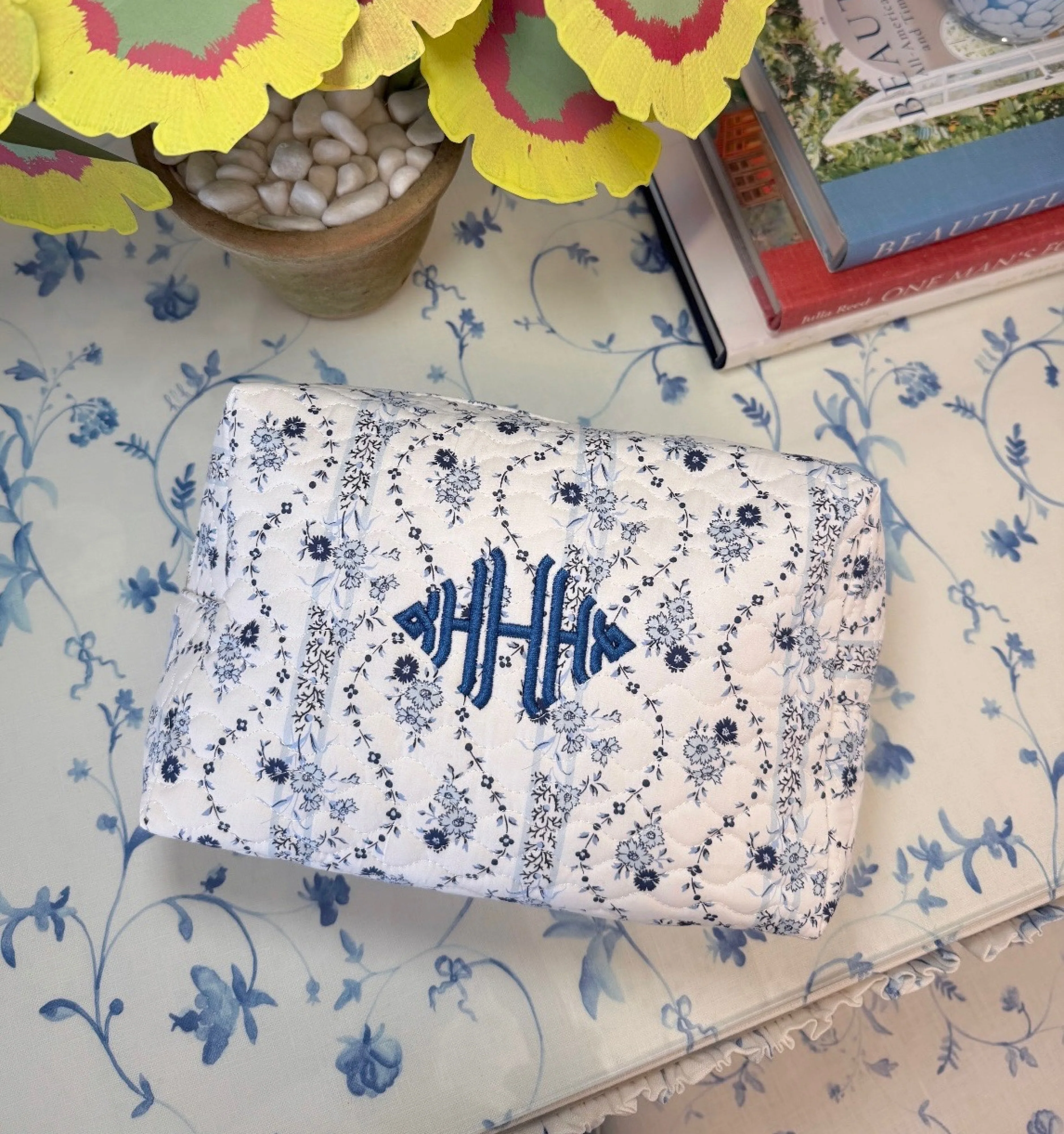 The Quilted Cosmetic Bag - Blue Vine Stripe - Image 2