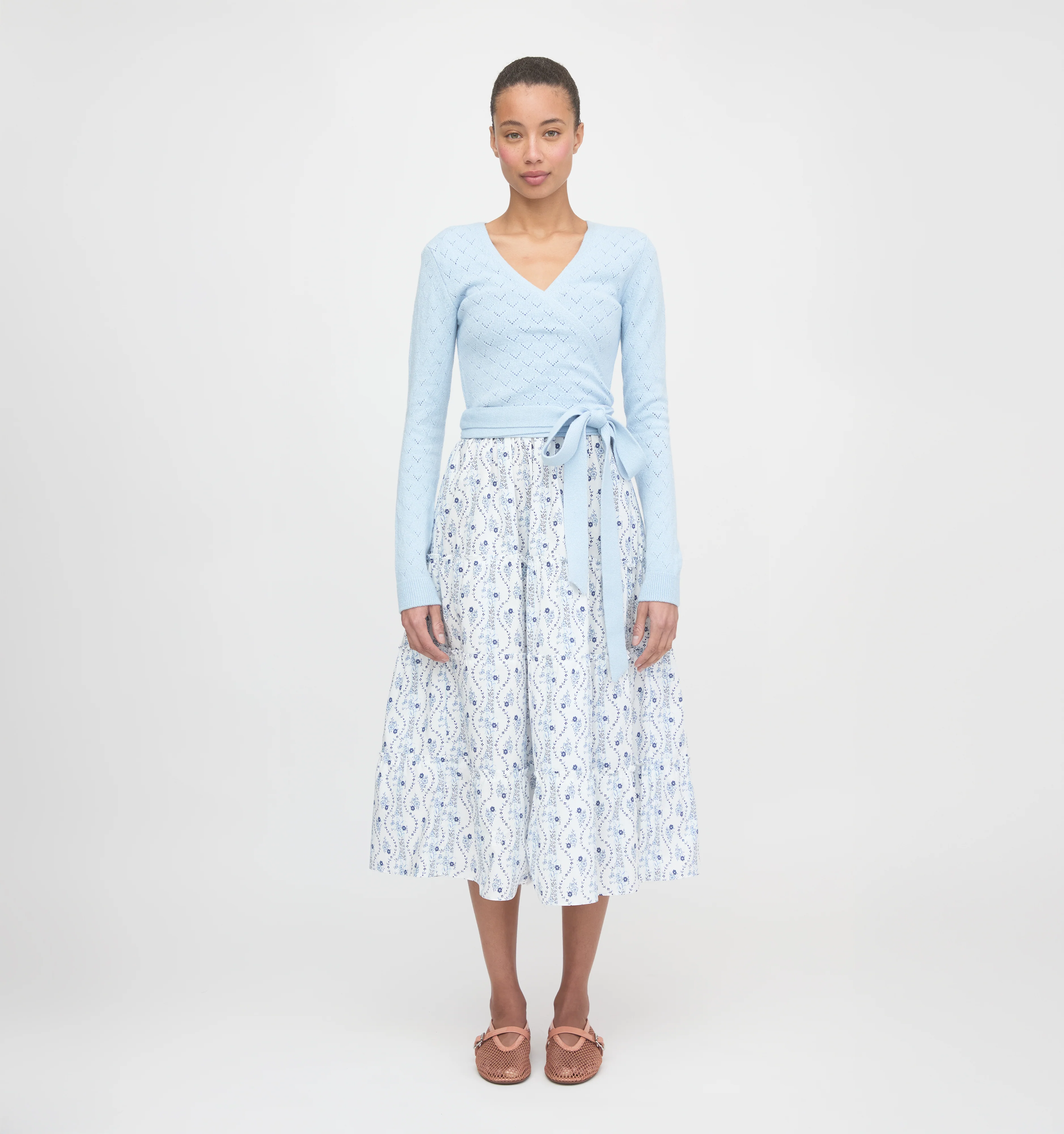 The Deirdre Wrap Sweater - Light Blue Pointelle - Image 2