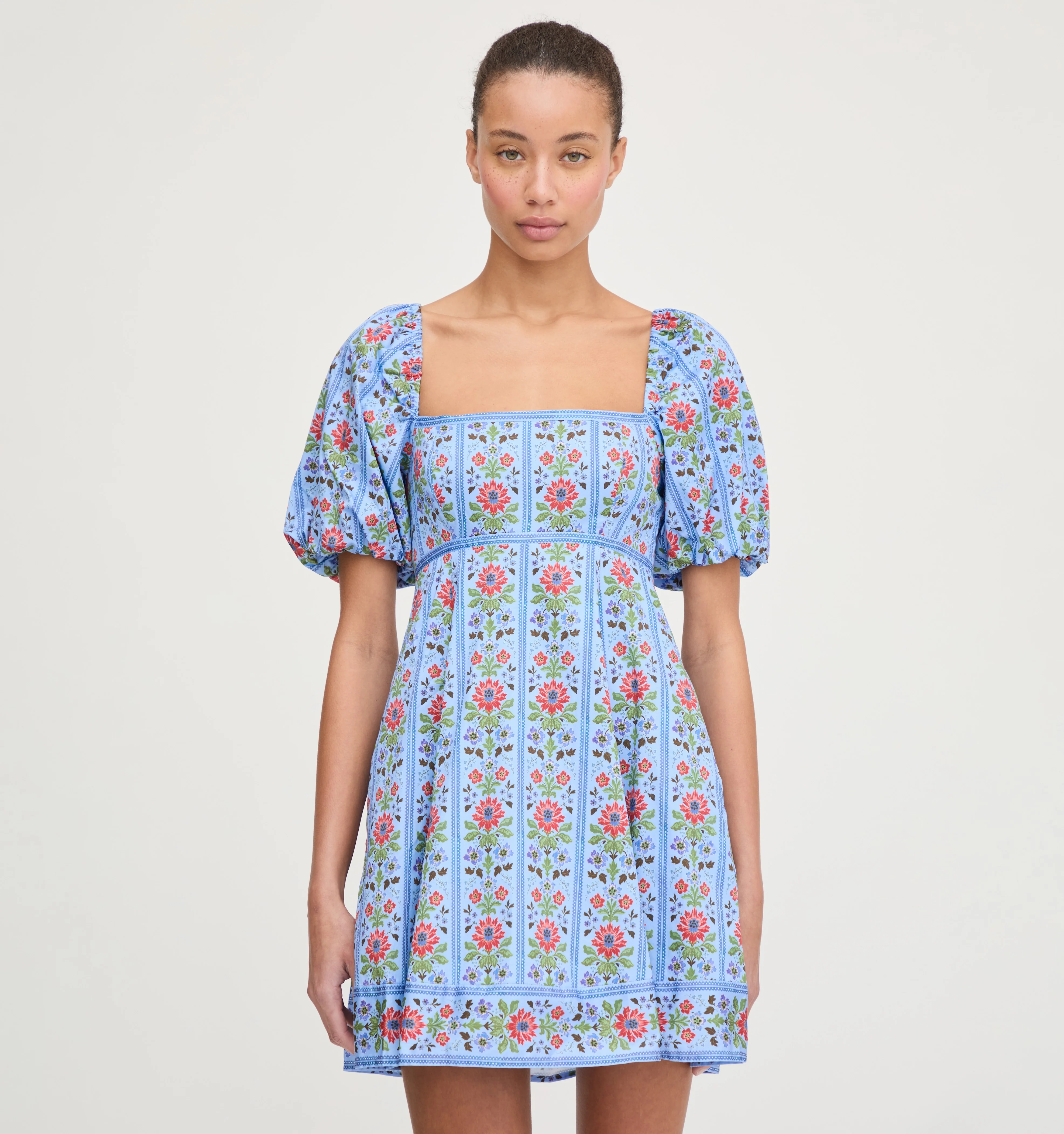The Matilda Mini Dress - Blue Floral Block Stripe - Image 4