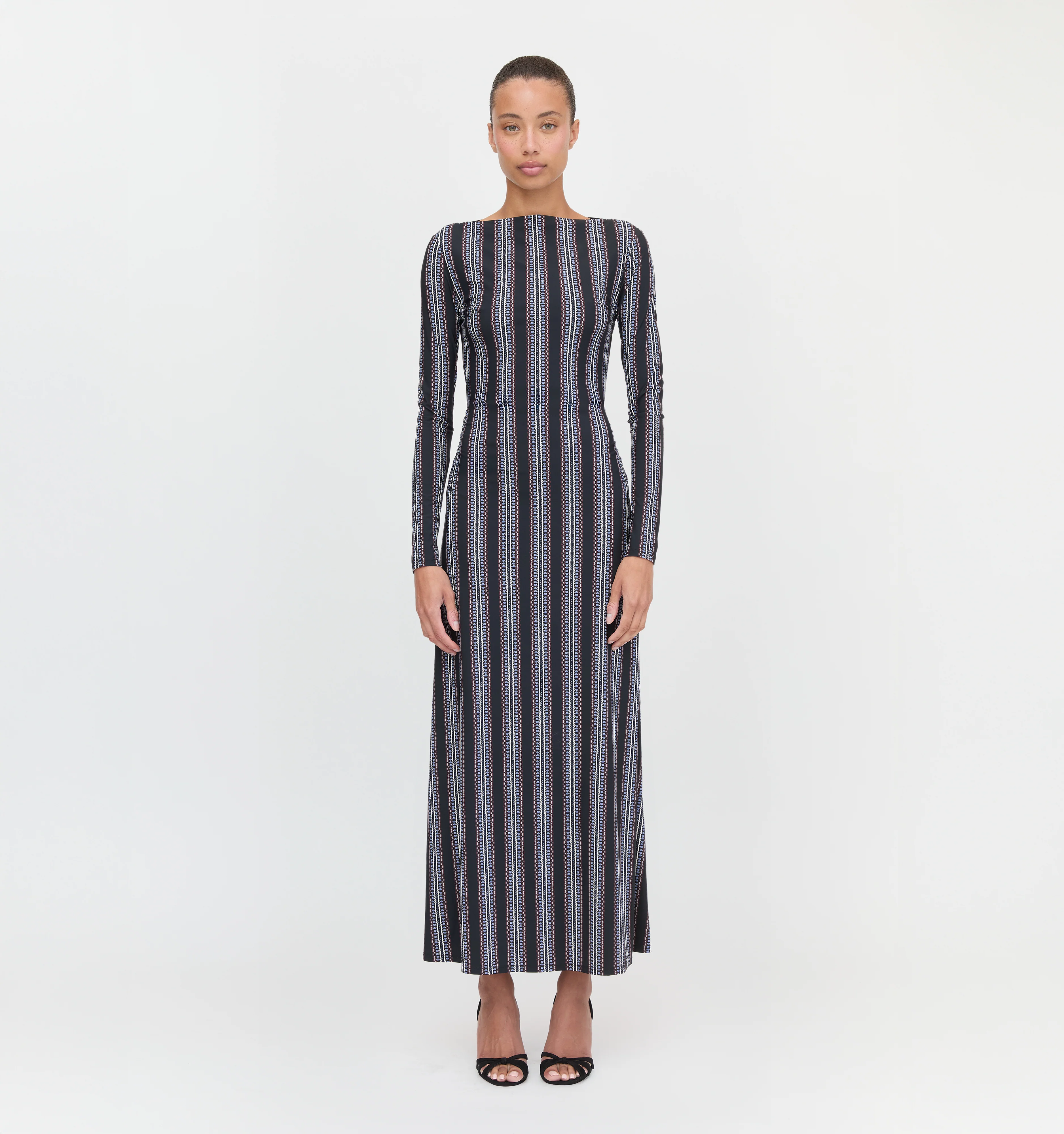 The Selene Dress - Black Cobalt Medallion Stripe