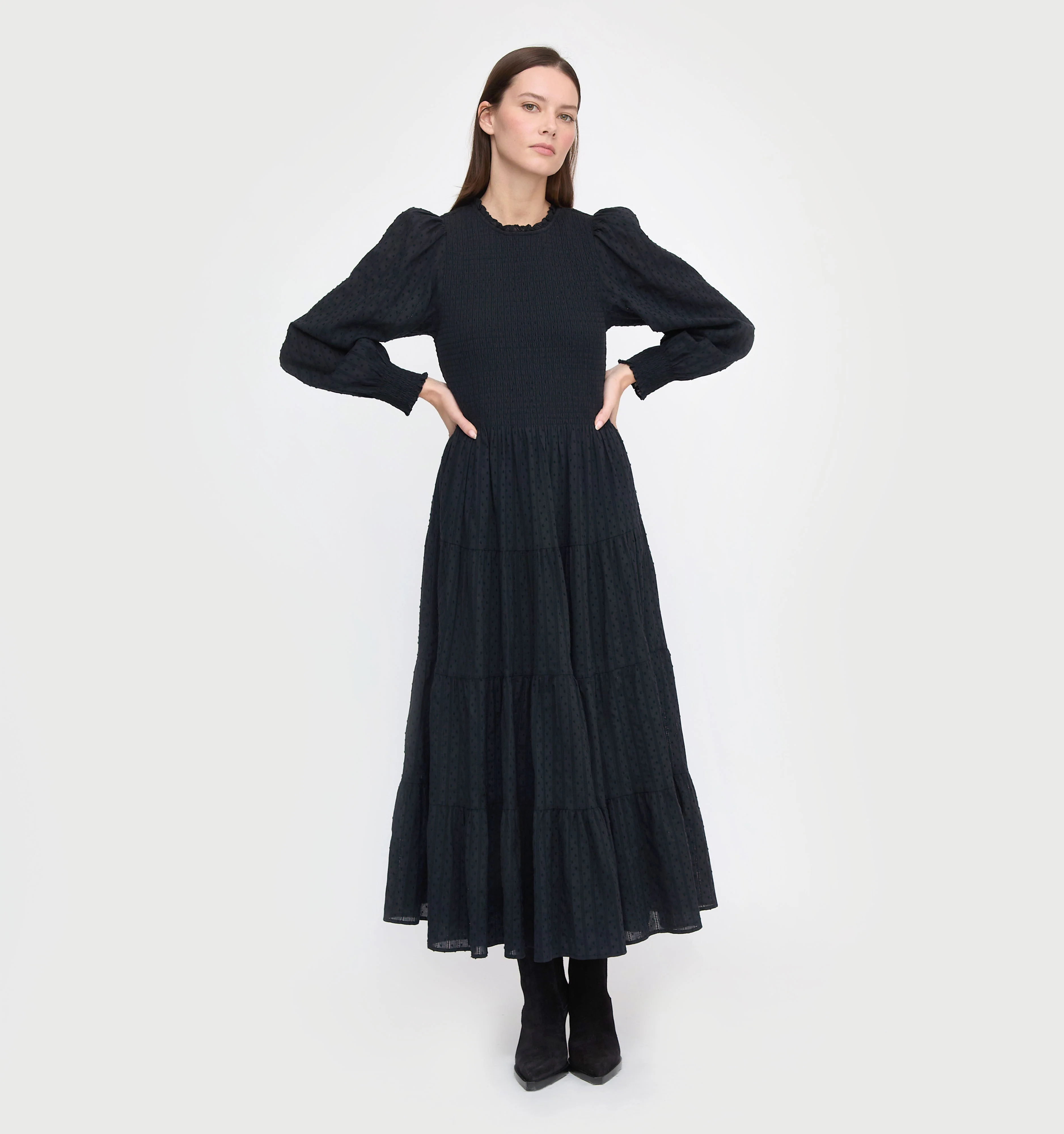 The Viviana Nap Dress - Black Linear Swiss Dot